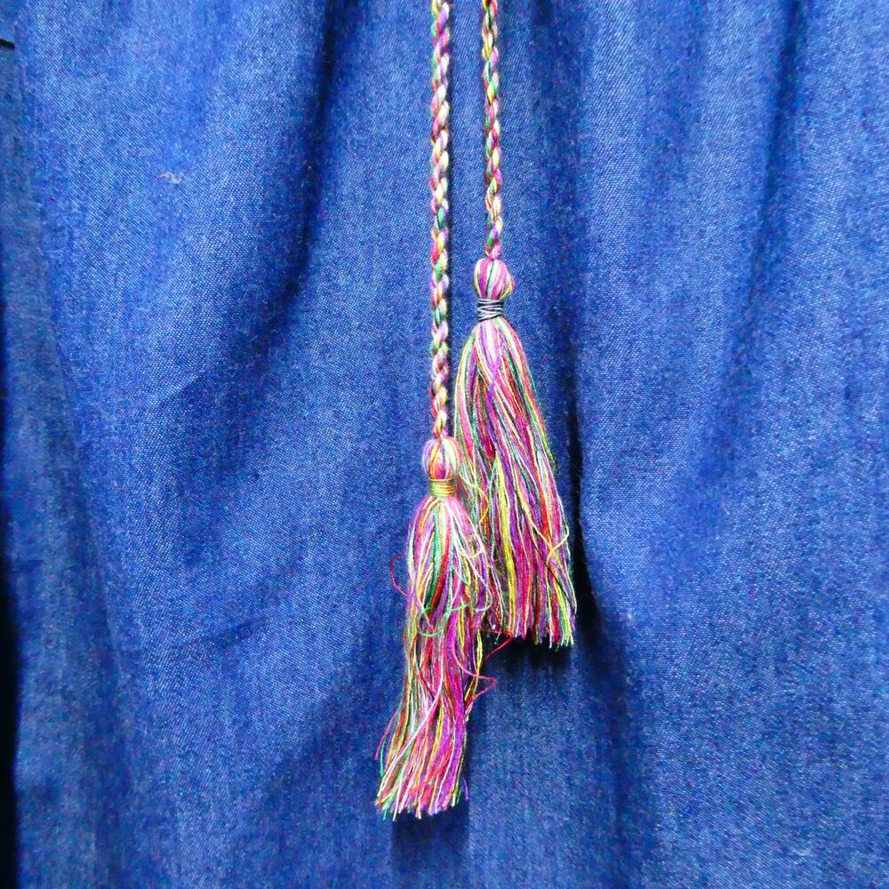 Wrapper Denim Peasant Dress Womens Medium Blue Off Shoulder Tassel Ruffle Mini - Picture 3 of 5